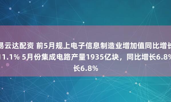 易云达配资 前5月规上电子信息制造业增加值同比增长11.1% 5月份集成电路产量1935亿块，同比增长6.8%